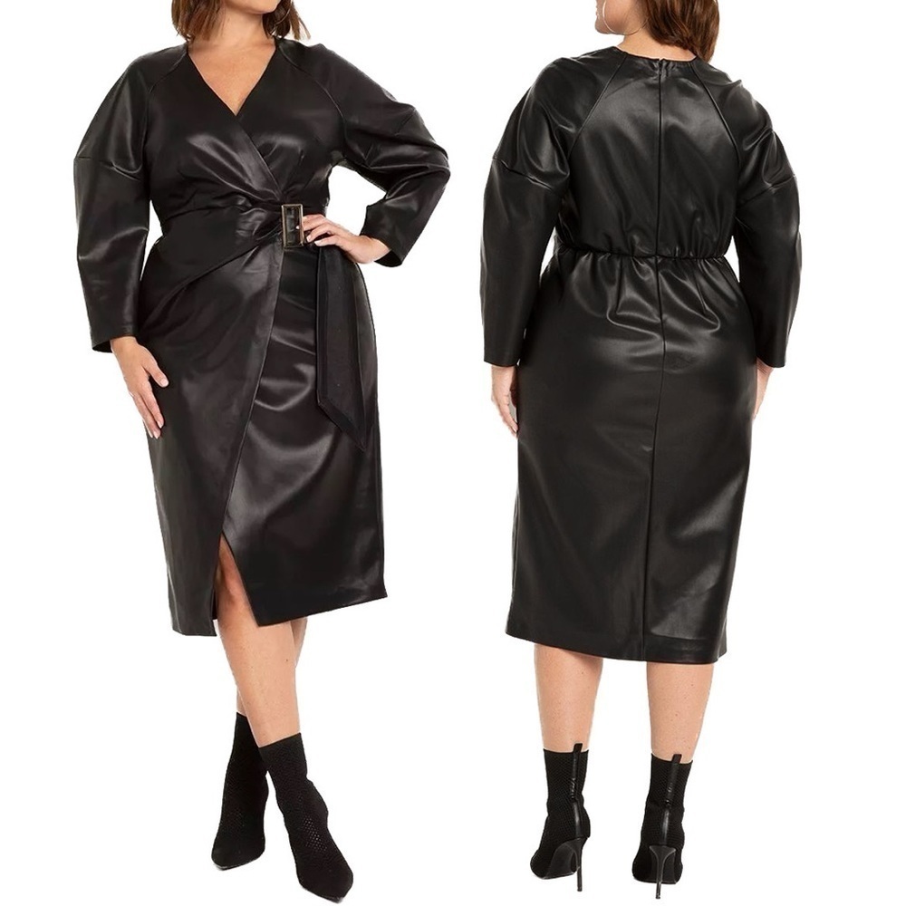 ELOQUII Wrap Detail Faux Leather Dress (Z18.26) - Picture 2 of 5